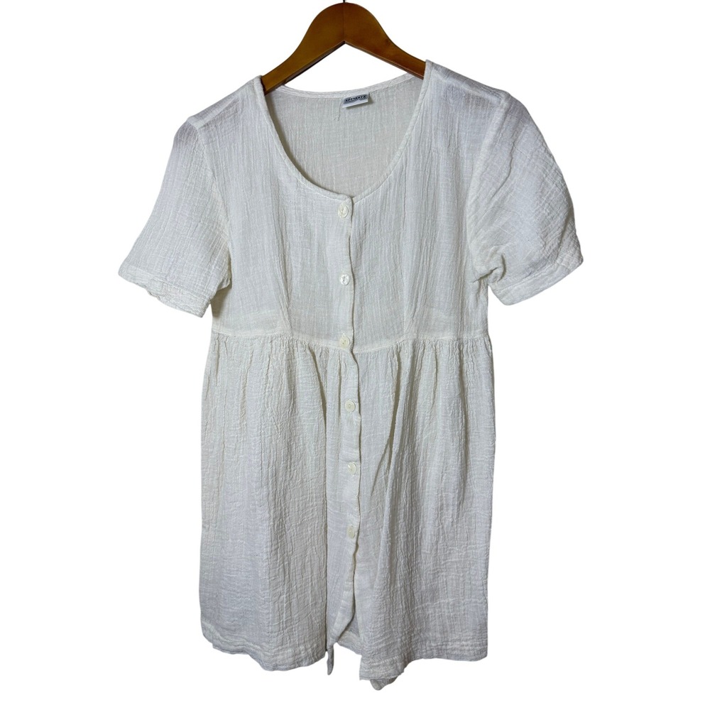 Sostanza Women Babydoll Top Small White Gauze Button Front Boho Cottagecore